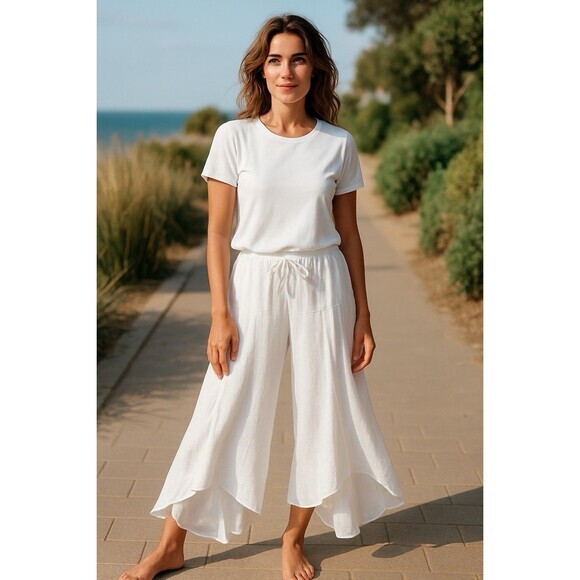 Lagenlook Linen Wide Leg Pants Womens L White Asymmetrical Parachute Boho Summer - Picture 1 of 14